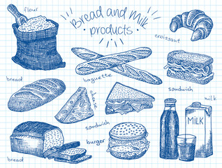 Bread and milk products on the notebook paper - 166212254