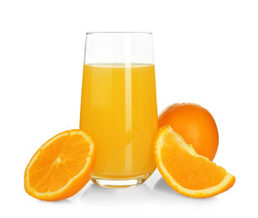 Glass of fresh orange juice on white background