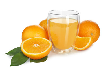 Glass of fresh orange juice on white background