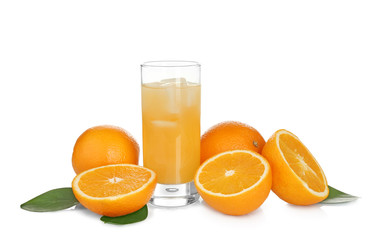 Glass of fresh orange juice on white background