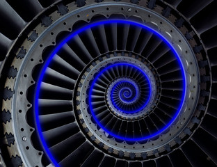 Turbine blades wings spiral effect abstract fractal pattern background. Spiral industrial production metallic turbine background. Turbine manufacturing technology abstract fractal pattern staircase