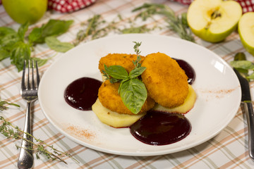 Cheese pancakes with apple and jam. Breakfast in classic Russian style. French breakfast