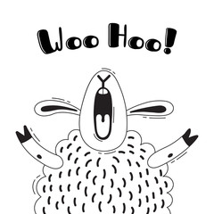 Illustration with joyful sheep who shouts - Woo Hoo. For design of funny avatars, welcome posters and cards. Cute animal.