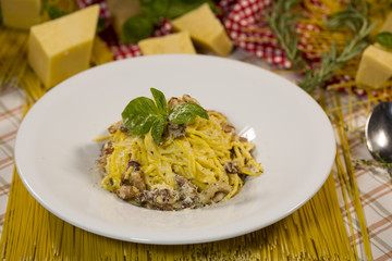 Spaghetti with cheese and meat. Pasta with parmesan cheese and meat.