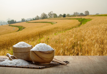 Jasmine rice and steamed rice in wooden bowl with the chopsticks on the wooden table with the plantation rice at sunset