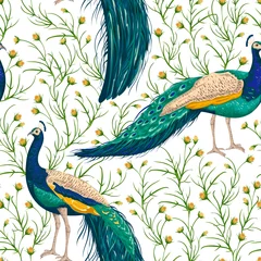 Tapeten Pfau Nahtloses Muster mit Pfau, Blumen und Blättern. Vintage handgezeichnete Vektor-Illustration im Aquarell-Stil