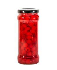 Tinned cherry without stone with a branch in a glass jar isolated on white