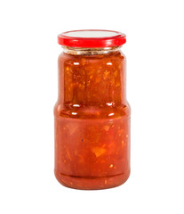 Lecho (ragout from pereets, tomatoes, onions) in a glass jar isolated on white