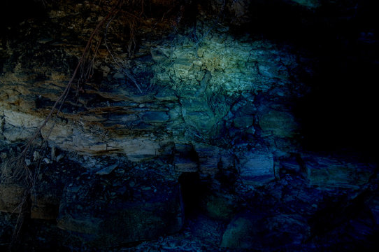 Abstract dark grunge black blue textured stone wall cracks art texture illustration Wallpaper banner design © oceanrider