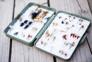 Fly fishing equipment on bench