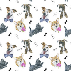 Dogs pattern flowers/Funny cartoon dogs characters different breads doggy puppy illustration. Furry human friends cute animals
