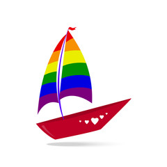 A ship with sails and a red board. Color lgbt