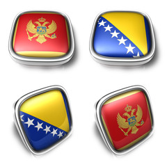 Montenegro and Bosnia Herzegovina 3d metalic square flag Button Icon Design Series. 3D World Flag Button Icon Design Series.