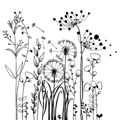 Fototapety  Kwiaty i trawa na białej kolekcji. Zestaw ilustracji rustykalne kolorowe łąki wzrostu.