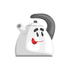 Funny kettle character with smiling face, humanized home electrical equipment vector Illustration