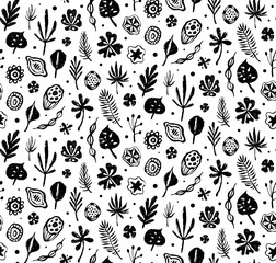 Seamless trendy black pattern with Seeds and leaves on a white background. Vector botanical illustration