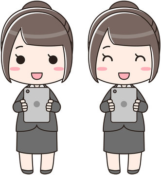 スマートフォン・タブレット 女性 リクルートスーツ 手に持つ 笑顔