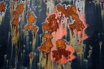 Rusty metal sheet on back paint background.