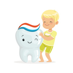 Happy blonde boy standing next to a big smiling tooth, cute cartoon characters vector Illustration