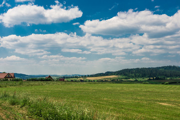 green field under the  clouds