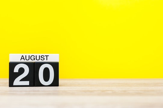 August 20th. Image of august 20, calendar on yellow background with empty space for text. Summer time