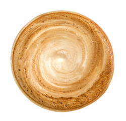 Top view of hot coffee latte cappuccino spiral foam isolated on white background, clipping path included