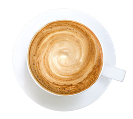 Top view of hot coffee latte cappuccino spiral foam isolated on white background, clipping path included