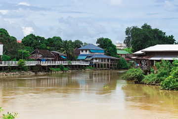 Fototapeta na wymiar Waterfront urban house on morning ,community of Chantaburi Thailand