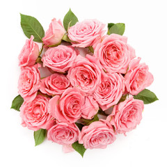 Background image of pink roses. Flat lay, top view