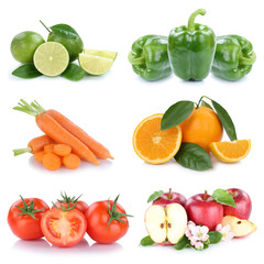 Obst und Gemüse Früchte Apfel Tomaten Orangen Möhren Farben Collage Freisteller freigestellt isoliert