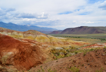 Canyon between colorful hills in Altai mountains. Altay Republic, Russia.