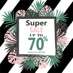 Super Sale banner, poster with Tropical Exotic Leaves