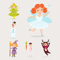 Cute kids wearing Christmas costumes vector characters little people isolated cheerful children holidays illustration