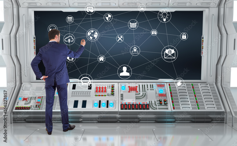 Poster Businessman using social network interface on a board 3D rendering