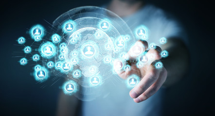 Businessman using social network interface 3D rendering