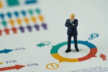 Miniature people business concept as small figure businessmen standing on analysis graph chart