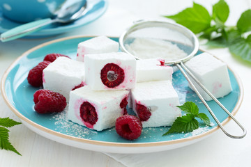 Homemade marshmallows with raspberry. Selective focus.