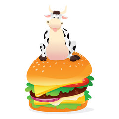 Happy Cartoon Cow Sitting On A Large Hamburger