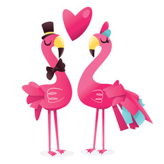 Fototapeta premium Cartoon Pink Flamingos In Love