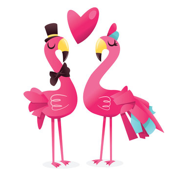 Cartoon Pink Flamingos In Love