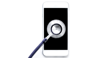 diagnostic of gadgets on white background with stethoscope top v