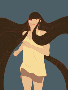 Illustration on woman with long hair running outdoors