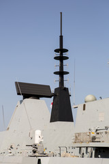 Locator of a warship. The system of locator detection of the enemy and the suppression of radio signals of the battleship. Part of a combat ship close-up. © Alexey Lesik