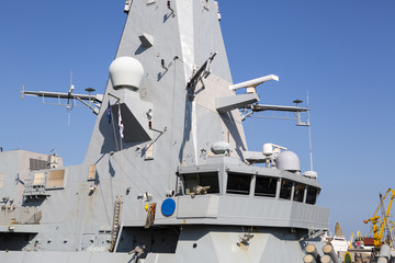 Part of a combat ship, battleship. Captain's bridge, missile launch system, air defense system of...
