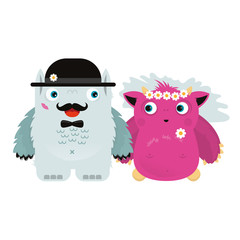 Cute illustrated monster. Wedding couple. Newly-married. Merry Wedding. Picture for children. Bride and groom.