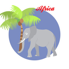 The elephant and the palm tree illustration in the background of the circle with the inscription Africa. Vector.