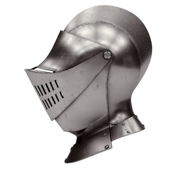 Medieval Knight Armet Helmet with visor. Side view. Used for tournaments or battlefields. 3D render Illustration Isolated on white background.