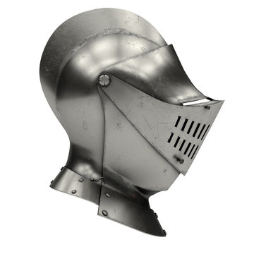 Medieval Knight Armet Helmet with visor. Side view. Used for tournaments or battlefields. 3D render Illustration Isolated on white background.