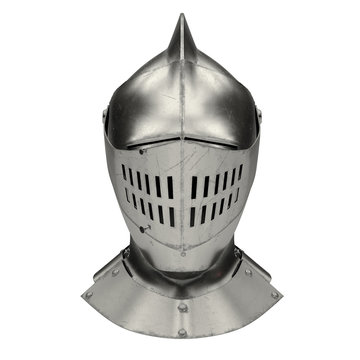 Medieval Knight Armet Helmet with visor. Front view. Used for tournaments or battlefields. 3D render Illustration Isolated on white background.