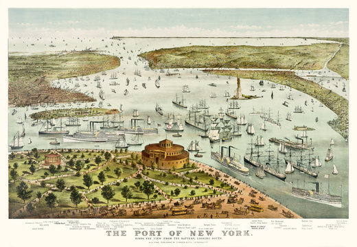 New York old bird-eye view of the port from the battery. Publ. Currier & Ives, New York, 1892